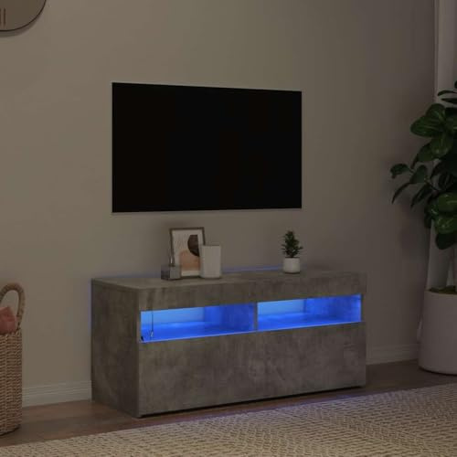 homiuse Meuble TV avec Lumières LED Gris Béton 90x35x40 cm Aggloméré Support de TV Espace de Stockage Suffisant Meuble HiFi Table TV Meuble Télévision pour Salon Chambre Armoire TV