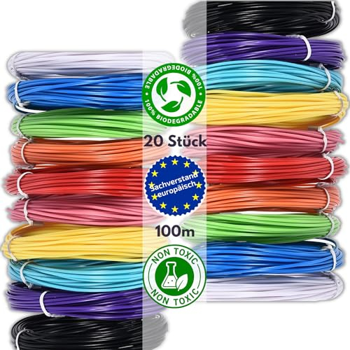 ABBICREA Set mit 20 PCL-Filaments for 3D Pens-Stifte mit niedriger Temperatur, speziell für Kinder – PCL 1,75mm – Sicher, biologisch abbaubar und ohne schädliche toxische Substanzen–2x10 Farben à 5m