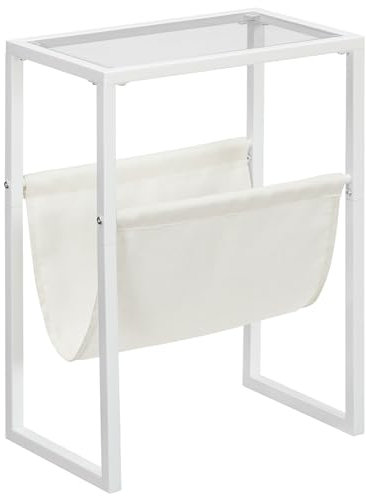 HOOBRO Beistelltisch Schmal, Nachttisch mit Zeitschriftenschlinge aus Stoff und Glasplatte, Geeignet für Kleine Räume, Weiß EWT66BZ01
