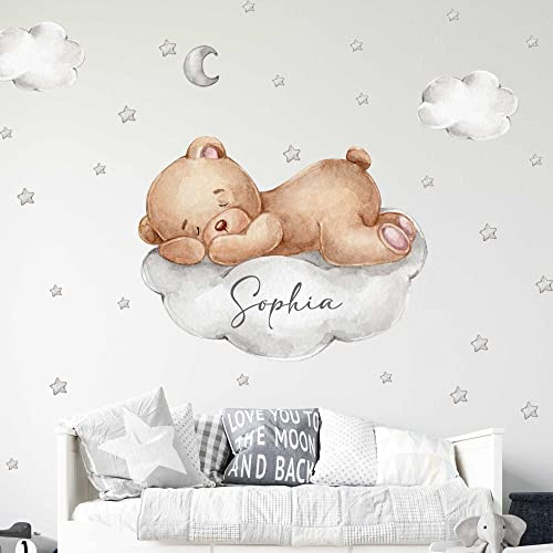 WANDKIND Bär auf der Wolke Wunschname V305 Wandtattoo Kinderzimmer | handgezeichnet | AUFKLEBER Kindergarten | Wandsticker Babyzimmer, Kinderzimmer Bär, Mond, Sterne, Wolke (100 x 100 cm)