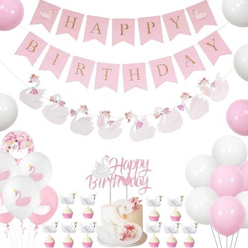 Swan Birthday Decorations, Princess Party Decorations Banner Pink White Swan Balloons Cake Cupcake Toppers for Birthday Party Supplies