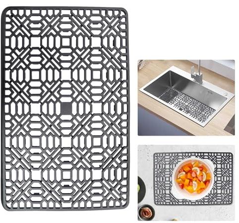 Qivine Silicone Sink Mat, Folding Sink Protectors Kitchen Sink Mat Protector Non-Slip Mats Counter Draining Board for Kitchen Sink, Dishes and Tableware Drain Mat - Grey, 40 x 27cm