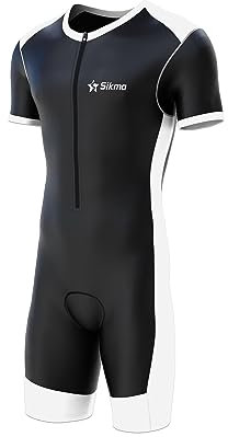 Sikma Herren Radsport-Skinsuit, gepolstert, einteilig, Trisuit, Bike-Top, kurz, schwarz / weiß, L