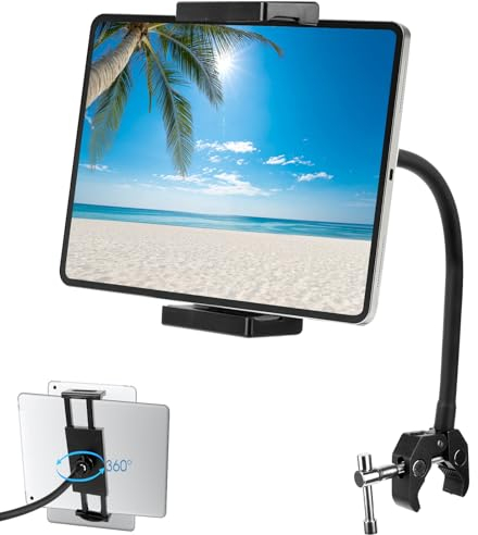 RAKUTE Support Tablette Col de Cygne pour iPad, Microphone et Tapis de Course - Réglable à 360° - Compatible iPad Pro Air Mini et Tablettes de 4,7-12,9