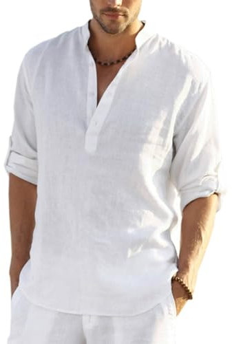 COOFANDY Men's Linen Henley Shirt Cotton Summer Long Sleeve Hippie Casual Beach T Shirts XL A-White