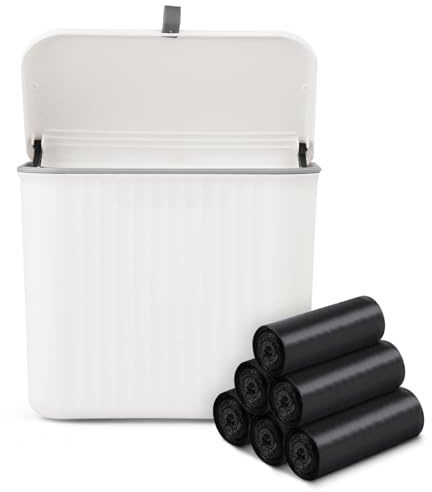 Sanitary Napkin Receptacle,White Plastic Wall Mounted Tampon Disposal Bin with Lid 10x9x6 inches Feminine Hygiene Trash Can for Women Bathroom Home Office Sanitary Waste(with 200pcs Trash Bag)