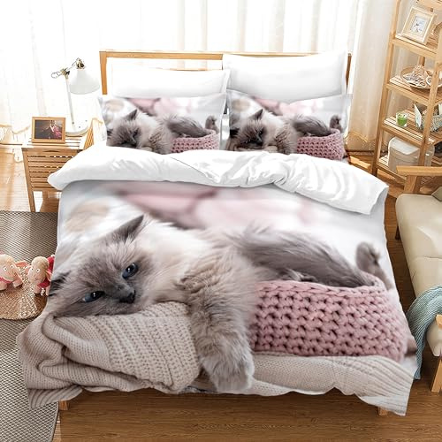 Juego de Cama Gato220x240cm, Funda nórdica de Microfibra, Estampado 3D Juego de Cama de 3 Piezas con Cremallera, para niñas niños (Gato-3, King 220x240)
