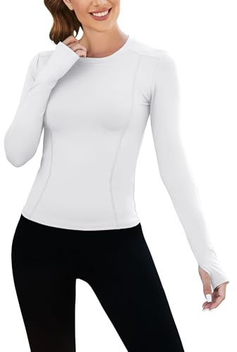 IECCP T-shirt da allenamento senza cuciture da donna a maniche lunghe per yoga, corsa, top sportivo traspirante, vestibilità aderente, Bianco, XS