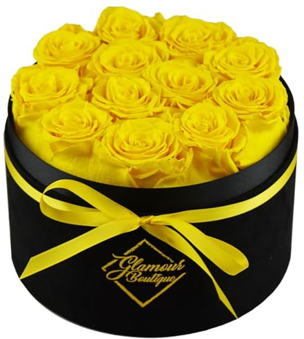 Forever Flowers Geschenkbox - 12 echte konservierte Rosen in einer schwarzen Samt-Box, Geburtstagsgeschenk für Ehefrau, Mutter, Valentinstag, Jahrestag, Schulabschluss, Gelb