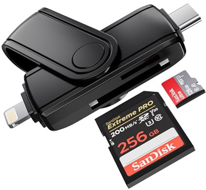 Lettore di schede SD per iPhone iPad, adattatore per schede SD di memoria con doppio connettore Lightning e USB-C, supporto di schede SD/Micro SD, visualizzatore di telecamere Trail ad alta velocità