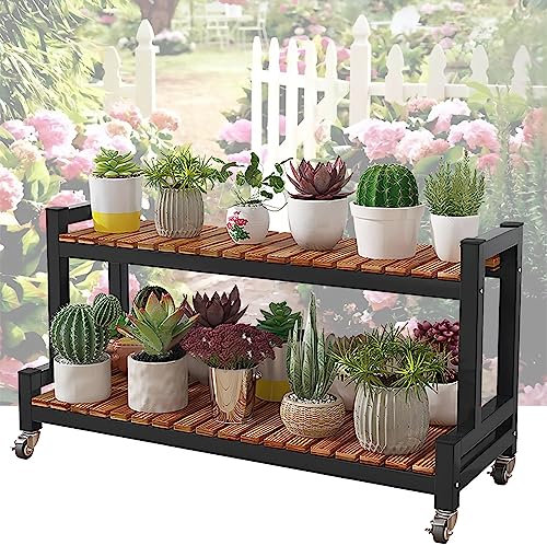 AKNGFO Pflanzen-Präsentationsregal, Pflanzen-Präsentationsregal, 2-stufiges 3-stufiges Leiterregal, Blumenständer auf Rollen mit Bremse, Indoor-Outdoor-Gartentopf-Präsentationsregal,
