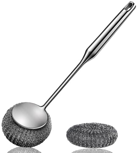 Stainless Steel Scrubber with Handle, Heavy Duty Metal Scourers with Replacement Heads, Detachable Heavy Duty Dish Brush, Steel Scrubber for Cleaning Kitchen, Pots, Grills, Sink (2 pcs with 1 heads)