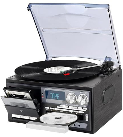Giradischi in vinile vintage Bluetooth a 3 velocità con altoparlanti integrati, lettore CD e cassette, meno rumore, copertura antipolvere smerigliata, per intrattenimento