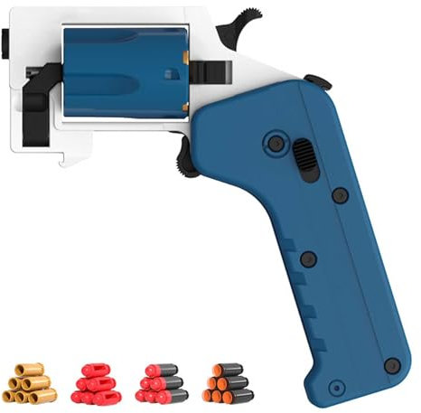 IXPIUZB Schaumstoffpistole, Faltbarer Revolver, Linkes Klapprad, Hochwertige Gummikugeln, Weite Reichweite, Schnelles Nachladen, 14+ Kinder, blue