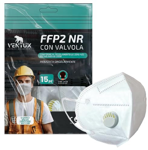 VENTUX SAFETY EQUIPMENT 15 Mascherine FFP2 con Valvola | Filtrazione >94% || Ideali per Ambienti specifici || Monouso || Comfort e Sicurezza Certificati