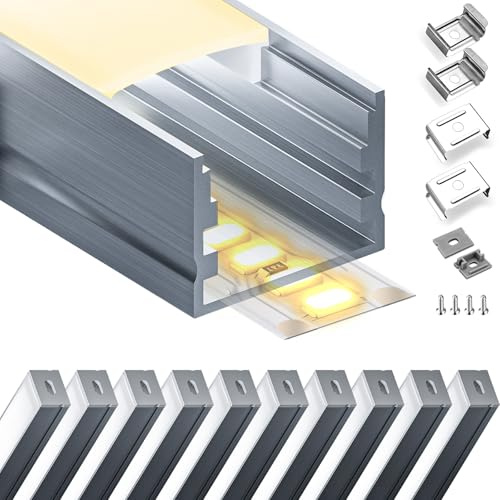LASLUX LED Aluminium Profil 10 x 2m(20m) Aluminium Oberflächenprofil für LED Streifen bis 15 mm Breite mit milchweißer PC Abdeckung und Zubehörset(SP24)
