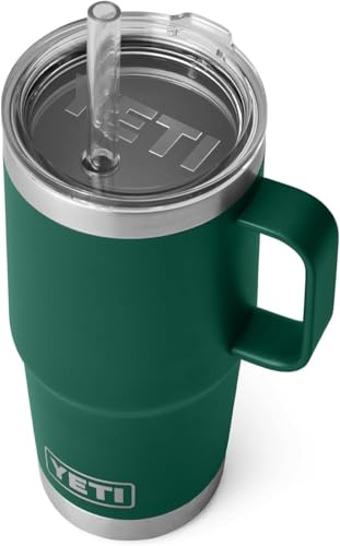 YETI Rambler Straw Mug, Stainless Steel Vacuum Insulated Mug with Stronghold Lid, Black Forest Green, 25 oz (739 ml)