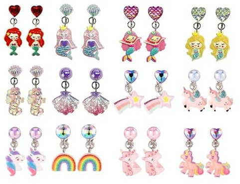 ZILZUFA 12 Paires Boucles d'oreilles Clip Fille Enfants, Licorne Sirène Coquille Non Piercing Boucles d'oreilles Princesse Bijoux Accessoires Fête Anniversaire Cadeau