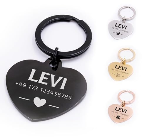 FELLSOCKE Hundemarke Herz aus Edelstahl – personalisiert & gravierbar, robust & rostfrei, in 3 Größen – Namensschild Anhänger für Hunde, Katzen & Pferde (Schwarz, 30x27mm, Glänzend)