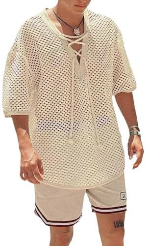 Camiseta de Manga Corta de Punto de Rejilla Hueca de Verano para Hombre con Cuello en V Blusa Muscle Ajustada(M)