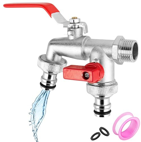 Doppel-Gartenhahn, 1,27 cm (1/2 Zoll), Messing, Doppel-Wasserhahn mit 1,27 cm Rot/Messing und 2 x 1,9 cm Ausgang, doppelt für Gartenwaschmaschine, Regentonne (rot)