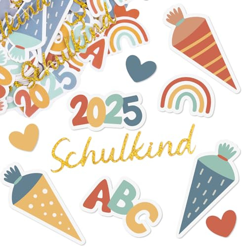 MEJOSER 150 Stück Einschulung Konfetti Deko Doppelseitig Schulanfang Schulkind 2025 Streudeko Schultüte Regenbogen ABC Tischdeko aus Papier DIY Geschenke Mädchen Junge Schulstart