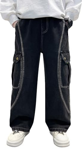 Happy Cherry - Pantalones de Mezclilla Cargo Niño Recto Pierna Ancha Vaqueros Holgados Estilo Callejero Jeans Juvenil Infantil Algodón Pantalón de Denim Vintage para Otoño Invierno - 152-158 - Negro