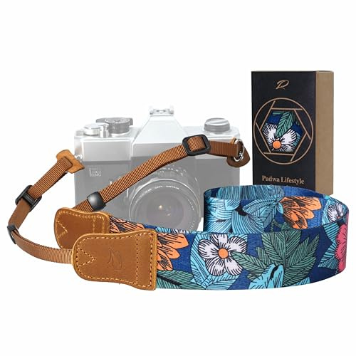 Padwa Lifestyle Camera Strap - 1.5 Soft Nylon Print Crazy Horse Cowhide Head Camera Straps for Photographers and All Cameras,Cute Adjustable Vintage Woven Strap for Adults & Kids(Flower Heart Blue)