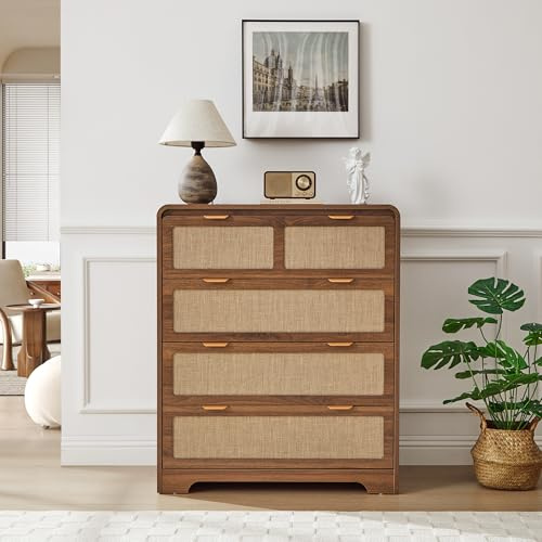 SUJOUCRAFT 35 Tall Dresser with 4 Drawer for Bedroom, Farmhouse Chest of Linen Decor Drawers with Bumper Curved Corner, Mid-Century Wooden Storage Drawer Closet Organizer for Living Room, Hallway