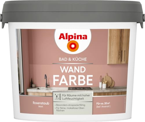 Alpina Bad & Küche Wandfarbe – matte Innenfarbe für Feuchträume, hohe Deckkraft & tropfgehemmt, streichfertige Wand- und Deckenfarbe für Bad & Küche – 2,5L (Rosenstaub)