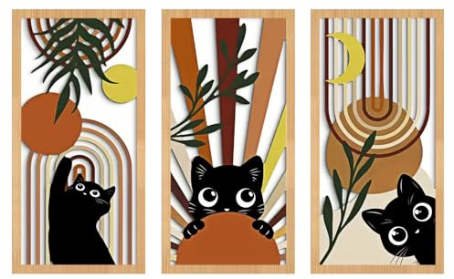 HUNSUN 3 Stücke Boho Wanddekoration Set aus Holz - Laser-graviert mit Sonne, Mond & Katze Design - Fertig zum Aufhängen - Deko für Wohnzimmer & Schlafzimmer, Moderne Leichte Holz Wandskulpturen