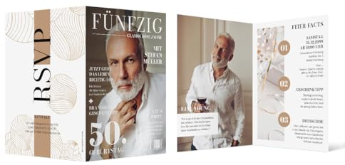 Individuelle 50. Geburtstag Foto Einladungskarten ab 10 bis 100 Stück selbst gestalten Klappkarte DIN A6, dickes 300g/qm Papier, Umschläge optional, Magazin Look