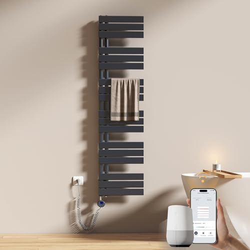 EMKE WiFi Badheizkörper Elektrisch 1599x400 mm - Flach Handtuchheizkörper Elektrisch, Elektrischer Handtuchwärmer Handtuchtrockner Handtuch Heizkörper Bad mit Thermostat und Heizstab - 800W, Anthrazit