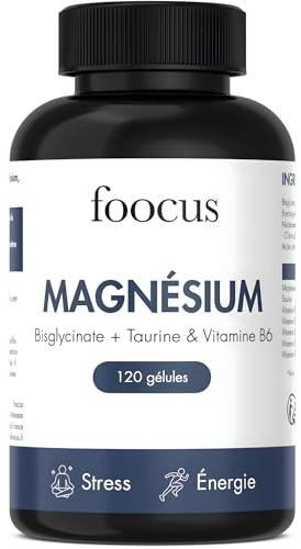 Magnésium Bisglycinate Complément Alimentaire - Vitamines, Minéraux et Compléments - Anti Fatigue Puissant Avec Vitamine B6 Pour Sommeil et Stress - 120 Gélules - Foocus