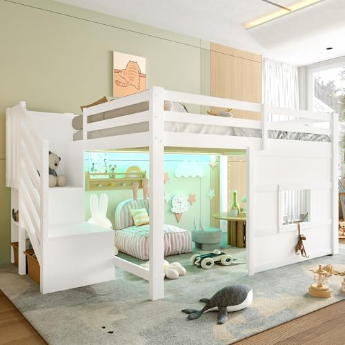 RIAZOS Kinderbett 140x200 cm mit Stauraumtreppe, Halbhohes Hochbett mit Fenster, Funktionsbett mit Regal, mit LED, Holzbett mit Lattenrost, ohne Matratze, Weiß