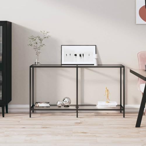 Runheo Konsolentisch Transparent 140x35x75,5 cm, Hartglas mit Stahlrahmen, Modernes Design für Flur Wohnzimmer, Robuster Ablagetisch mit Unterer Ablagefläche