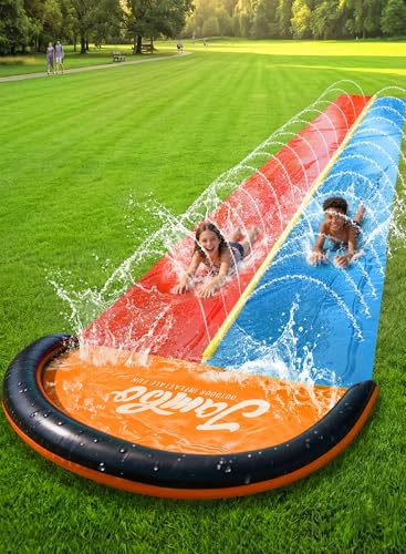 JAMBO Premium 45 cm budgetslip stänk och rutschkana, kraftig vattenrutschbana med avancerat sprinklersystem, vattenrutschkana i trädgården, stänkmatta, utomhusvattenleksaker för barn