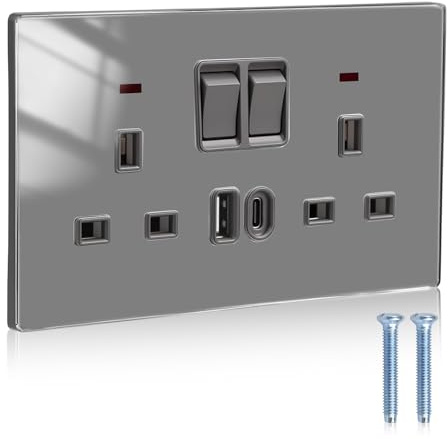 Black Double Socket with Type C & usb A, Double Switched Plug Sockets 2 Gang 13A UK, Acrylic panel USB Wall Socket, USB Sockets double for Kitchen/Bedroom/Office/Home, 35mm Back Box