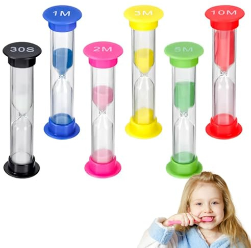 Juego de relojes de arena coloridos de plástico y cristal, cronómetros de arena, 6 piezas: 30s, 1m, 2m, 3m, 5m, 10 m, gestión del tiempo para niños, escuela, oficina, cocina, diseño compacto y