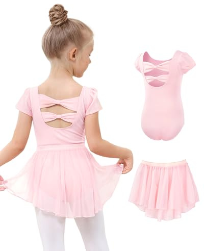 JiAmy Girls Ballet Leotards, Short Sleeved Ballet Dress with Removable Dance Skirt, Kid Children Toddler Ballerina Costume Hollow Back Dance Dress Dancewear for 2-11 Years Light Pink