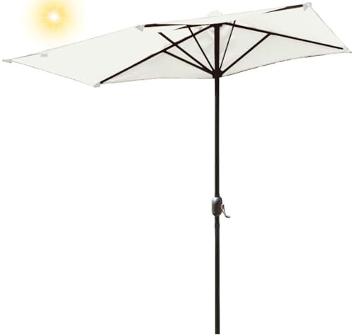 YNJJKA Halbschirm Balkon Klein Mit Ständer 2.5m Sonnenschirm Halbrund Knickbar 250 Cm Wandschirm Balkon-schirm Kurbel Polyester Sonnenschutz Terrasse Passgenau Wände Handkurbel(Beige Weiß)