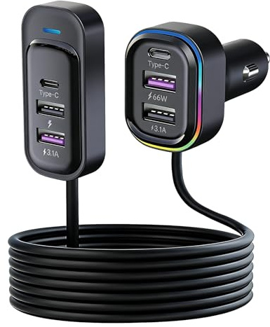 Car USB Charger，6-Port, 18W+15W, QC 3.0 Fast Charging, 1.5m Extension Cable | Intelligent Power Management, Colourful LED Light & 6-Layer Safety Protection