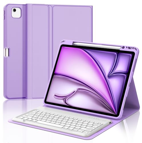 Coque Clavier pour iPad Air 13 Pouces M4 2026/M3 2025/M2 2024/Air 6/ Air 7 | Étui Keyboard Magnétique Détachable Bluetooth sans Fil, AZERTY Français avec Porte Crayon pour iPad Air 13, Violet clair