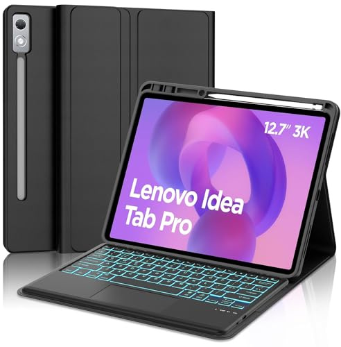 Keyboard Case with Touchpad for Lenovo Idea Tab Pro 12.7, Wireless Detachable Bluetooth Trackpad Keyboard with 7 colors Backlit and Stand Cover for Lenovo Idea Tab Pro 12.7 Inch 2025 Tablet, Black