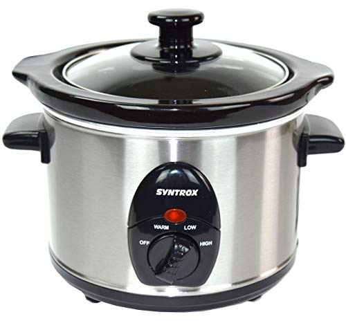 Syntrox Germany SC-250M Deli - Slow Cooker in acciaio INOX, 2,5 litri, con funzione di mantenimento del calore, vetro di sicurezza e ciotola in ceramica rimovibile, pentola a lunga durata