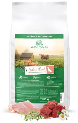 MÜLLER'S NATURHOF – Huhn & Rind | Natürlich kaltgepresstes Trockenfutter mit Gartengemüse und Wiesenkräutern für ausgewachsene Hunde. Getreidefreies Alleinfutter ohne Zusatzstoffe im Beutel | 2x15k...