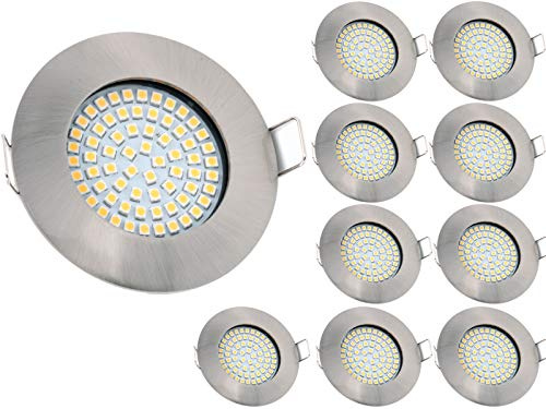 vislux LED Einbaustrahler 230V - 58mm - 70mm - Edelstahlgebürstete Einbauspots Badezimmer- Energiesparende warmweiße Einbauleuchten - 3,5W 330lm 3000K - (10er Set) - (Matt-Chrom)