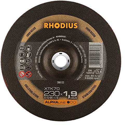 RHODIUS XTK70 Metall Trennscheibe, 230 x 1,9 x 22,23 mm, 25 St. | Für Edelstahl & Stahl, schnelle und präzise Schnitte, gute Standzeit, für Winkelschleifer, ALPHAline, gekröpft