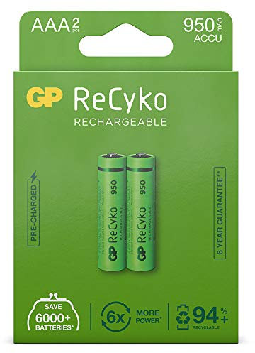 GP ReCyko Akku AAA 950mAh NiMH | 2 Stück Batterien AAA wiederaufladbar 1,2V, vorgeladen Ready2use | Hohe Leistung und vielfach wiederverwendbar, plastikfreie Verpackung