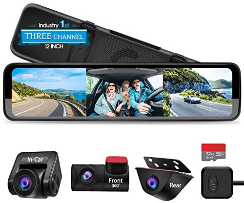 PORMIDO Triple 12 Mirror Dash Cam 3 Channel with Detached Front, Inside, Waterproof Backup Camera, Video Rear View Mirror 1296P Touch Screen with Sony Sensor,Starvis Night Vision,GPS,Parking Assist